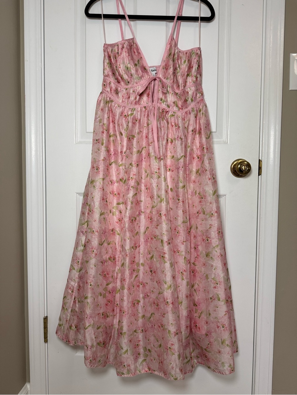 En Saison Pink Floral Pleated Tie-Front Chiffon Midi Dress Adjustable Straps